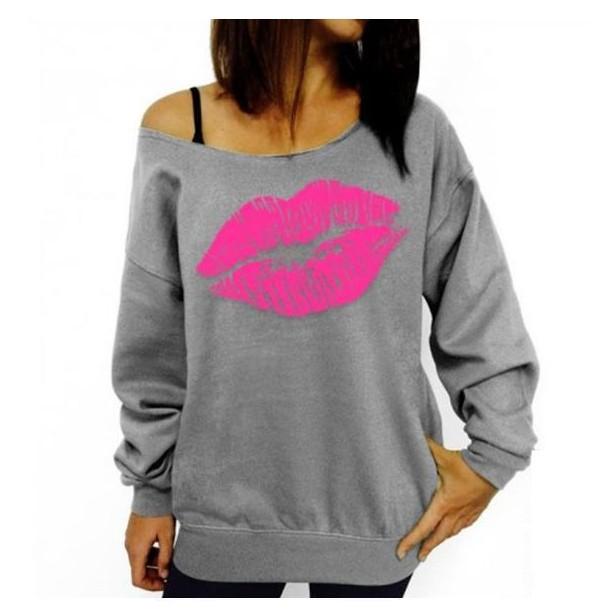 Women's Sweatshirt Lips Print Off the Shoulder Sexy Oversized Pullovers