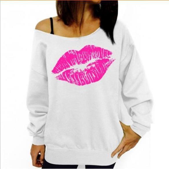 Women's Sweatshirt Lips Print Off the Shoulder Sexy Oversized Pullovers