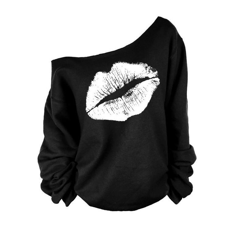 Women's Sweatshirt Lips Print Off the Shoulder Sexy Oversized Pullovers