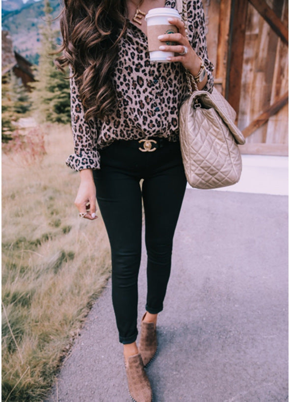 Women's Stylish Blouse Leopard Print Buttoned Long Sleeve Top