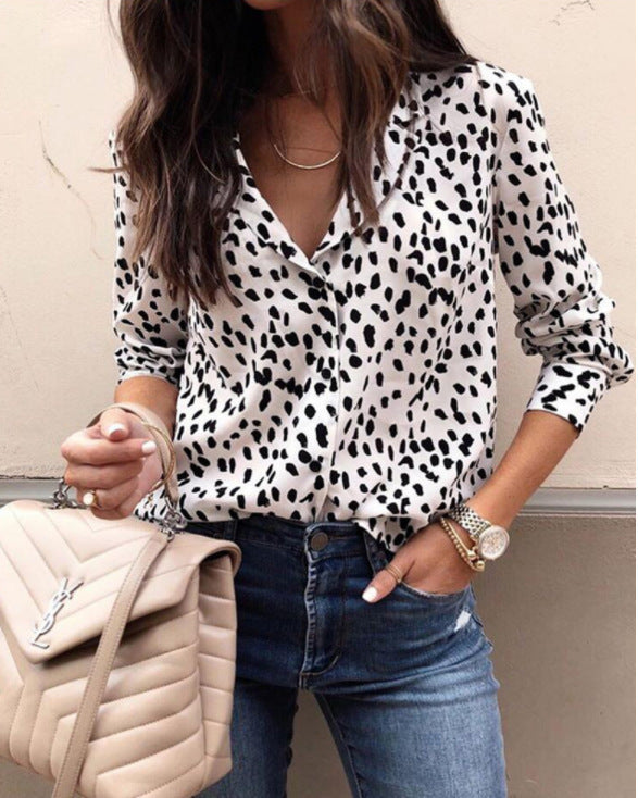 Women's Stylish Blouse Leopard Print Buttoned Long Sleeve Top