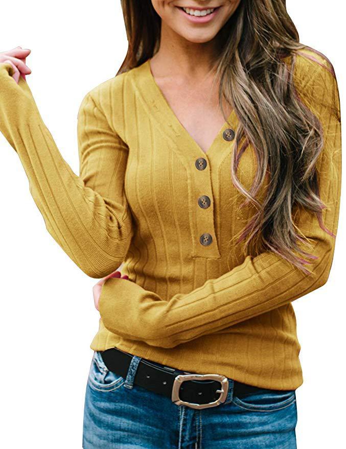 Women's Sweaters Long Sleeve V-neck Pullover Ribbed Button Knitted Sweater