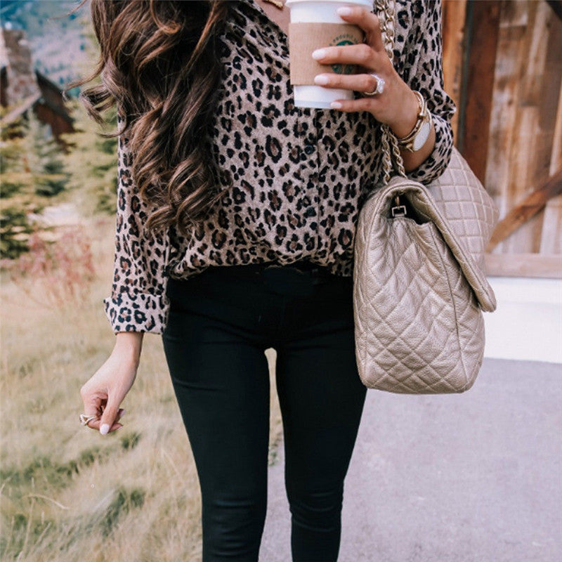 Women's Stylish Blouse Leopard Print Buttoned Long Sleeve Top