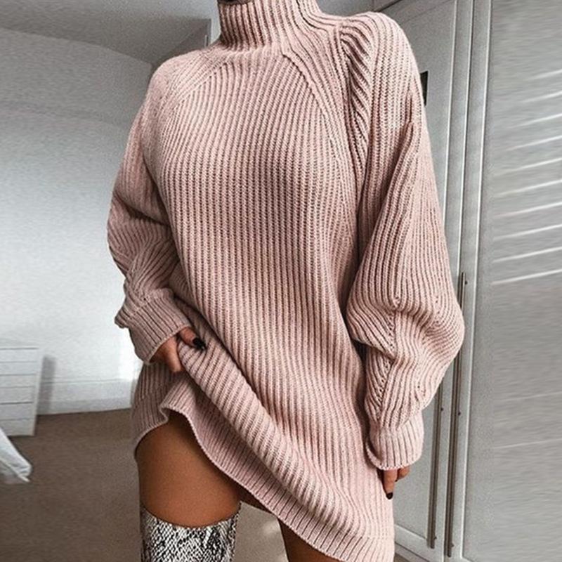 Women's Sweater Dress Mid-length Loose Raglan Sleeve Turtleneck Sweater Dress