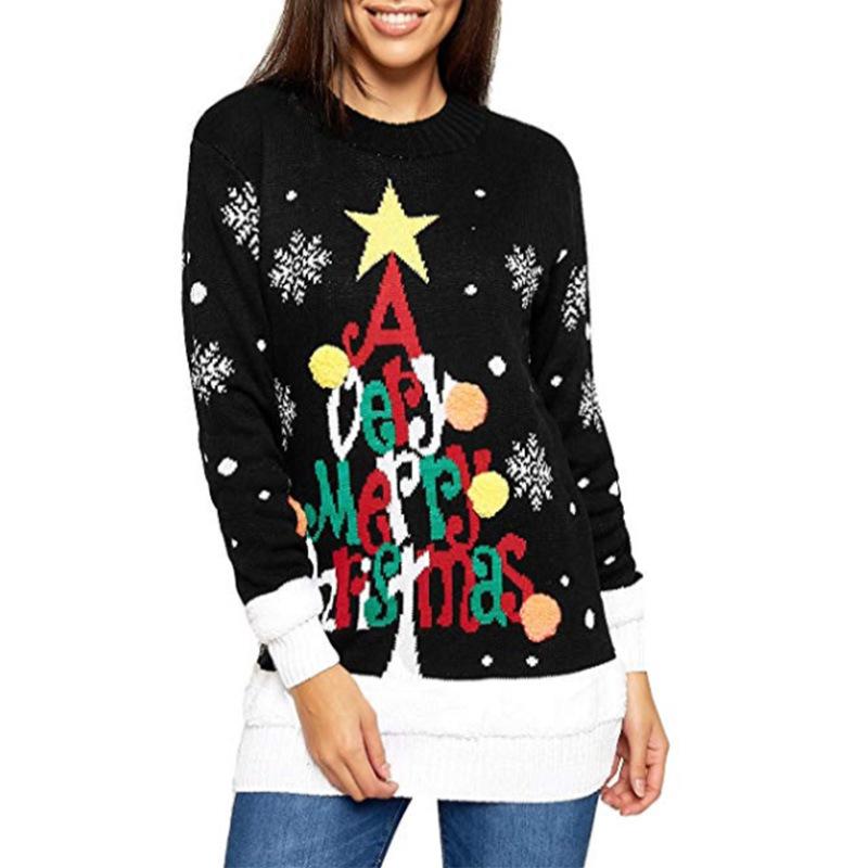 Women's Sweaters Letter Print Long Sleeve Loose Knitted Pullover Christmas Sweater