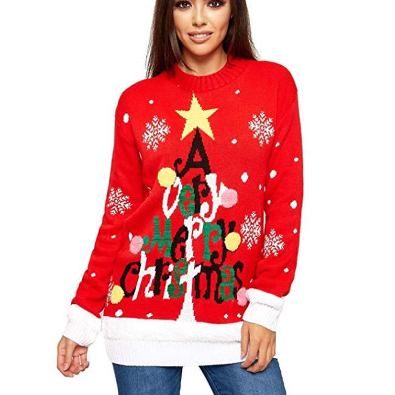 Women's Sweaters Letter Print Long Sleeve Loose Knitted Pullover Christmas Sweater