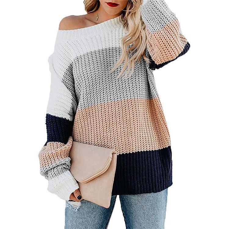 Women's Sweaters Crew Neck Long Sleeve Color Block Knit Pullover Sweaters