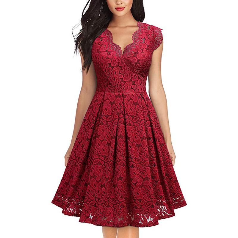 Women's Vintage Dress Plus Size Lace V-neck Sleeveless A-line Swing Dress