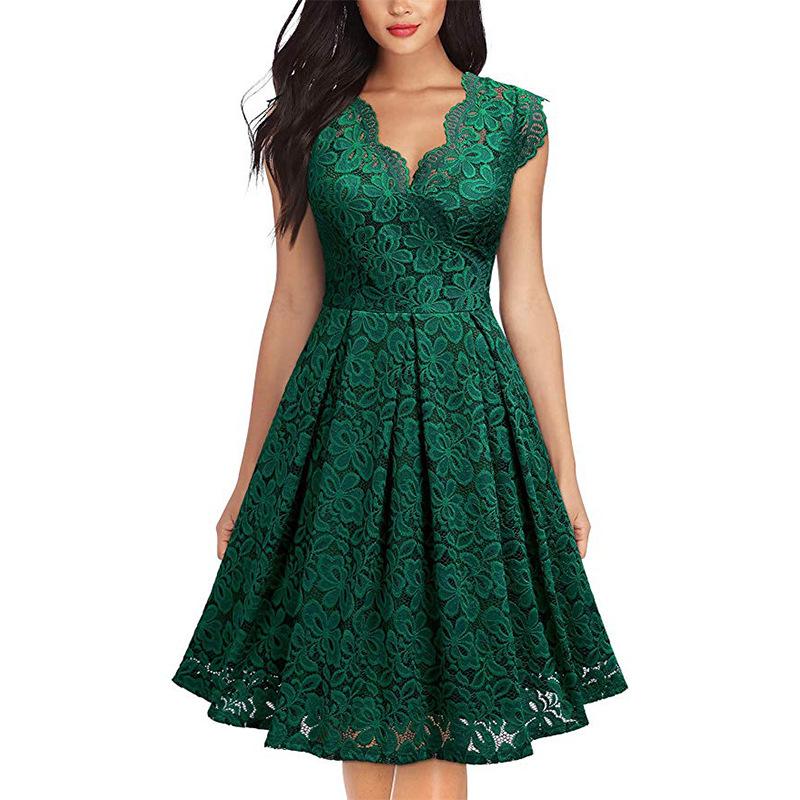 Women's Vintage Dress Plus Size Lace V-neck Sleeveless A-line Swing Dress