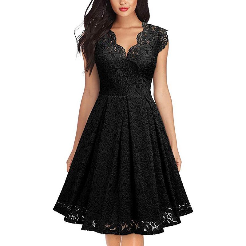 Women's Vintage Dress Plus Size Lace V-neck Sleeveless A-line Swing Dress