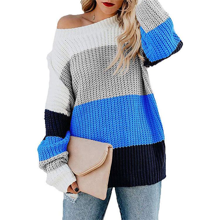 Women's Sweaters Crew Neck Long Sleeve Color Block Knit Pullover Sweaters