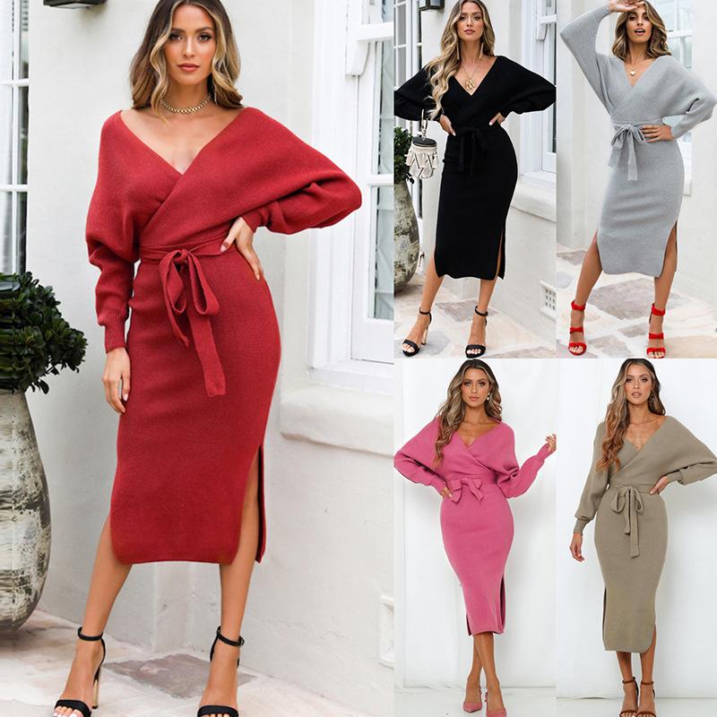 Women's Wrap Sweater Dress Batwing Sleeve V-Neck Slit Maxi Dress