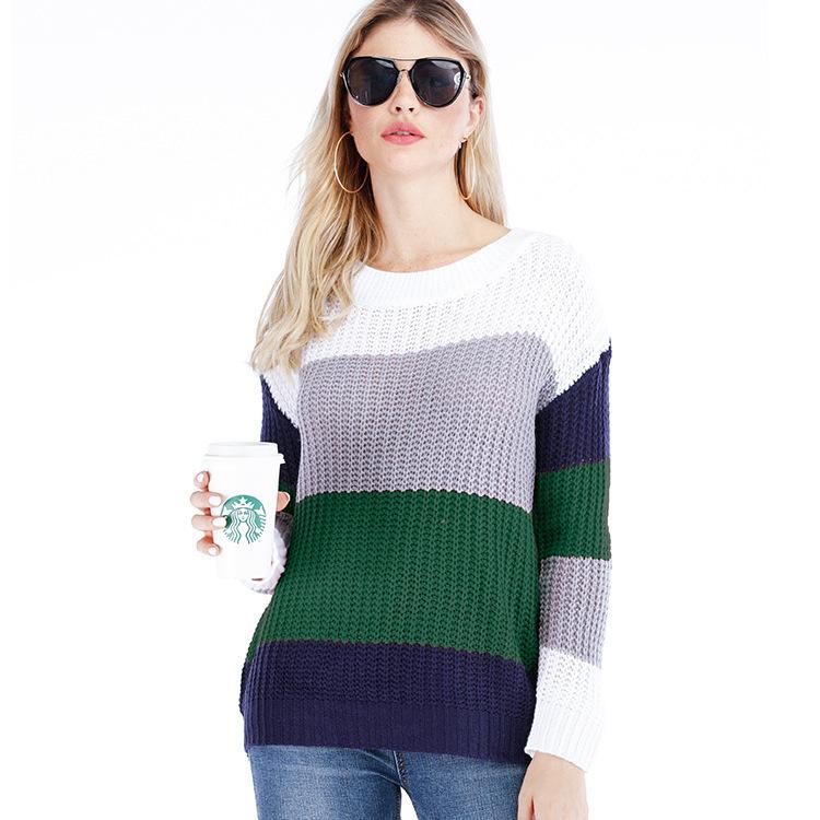 Women's Sweaters Crew Neck Long Sleeve Color Block Knit Pullover Sweaters