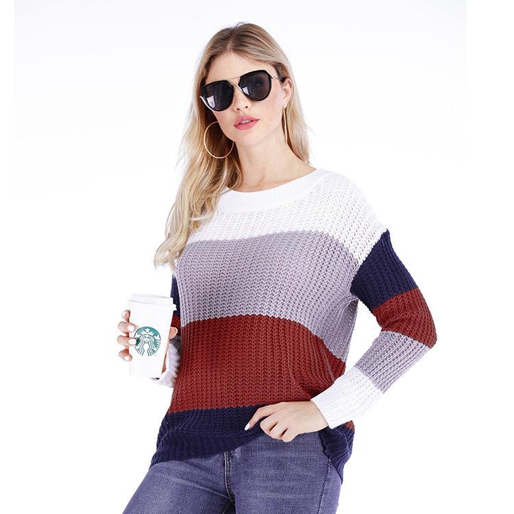 Women's Sweaters Crew Neck Long Sleeve Color Block Knit Pullover Sweaters