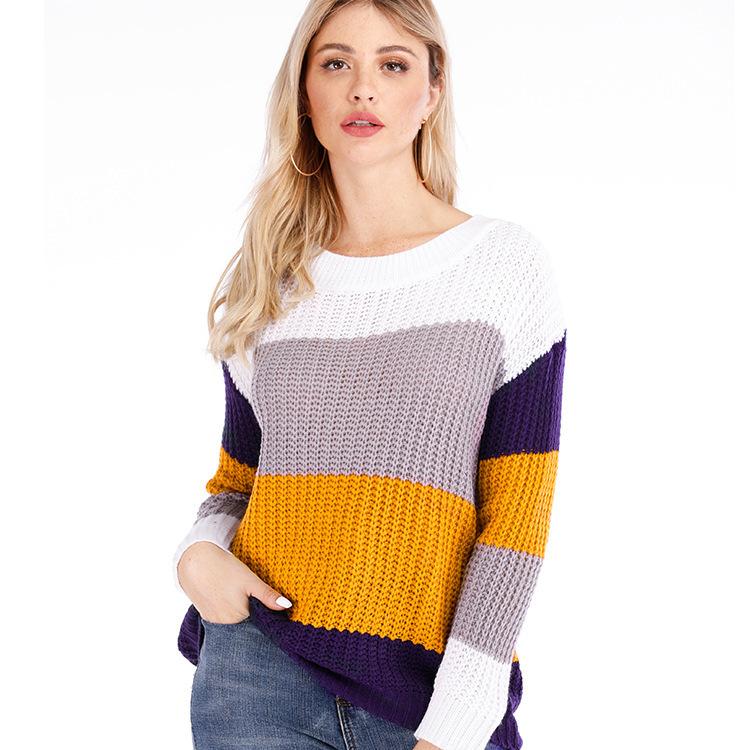 Women's Sweaters Crew Neck Long Sleeve Color Block Knit Pullover Sweaters