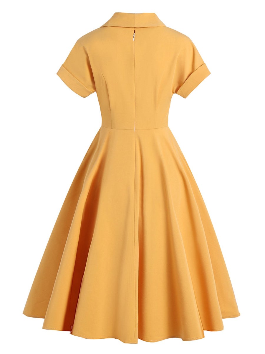 1950 Fashion Dress Solid Color Mid-length Retro Lapel Dress