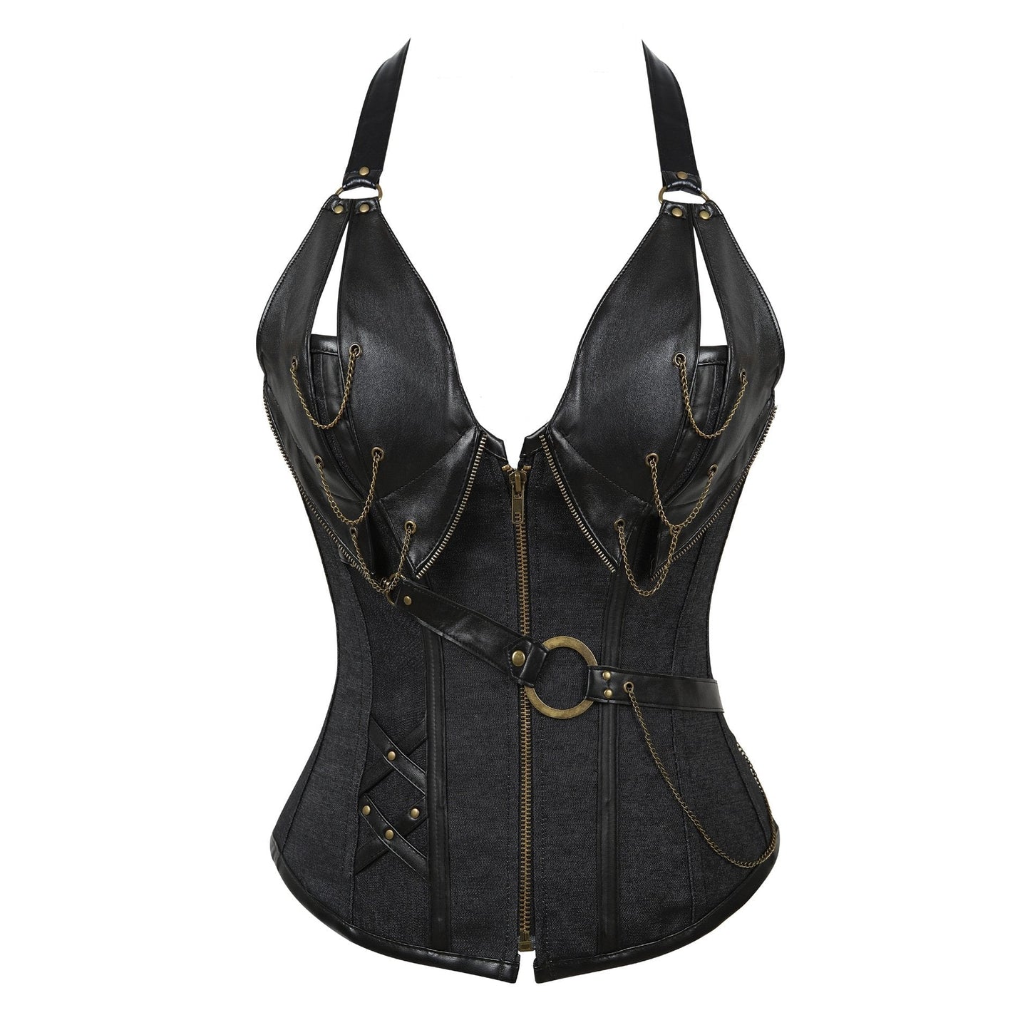 Women's Steampunk Corset Vest Halter Steel Boned Leather Corset Tops