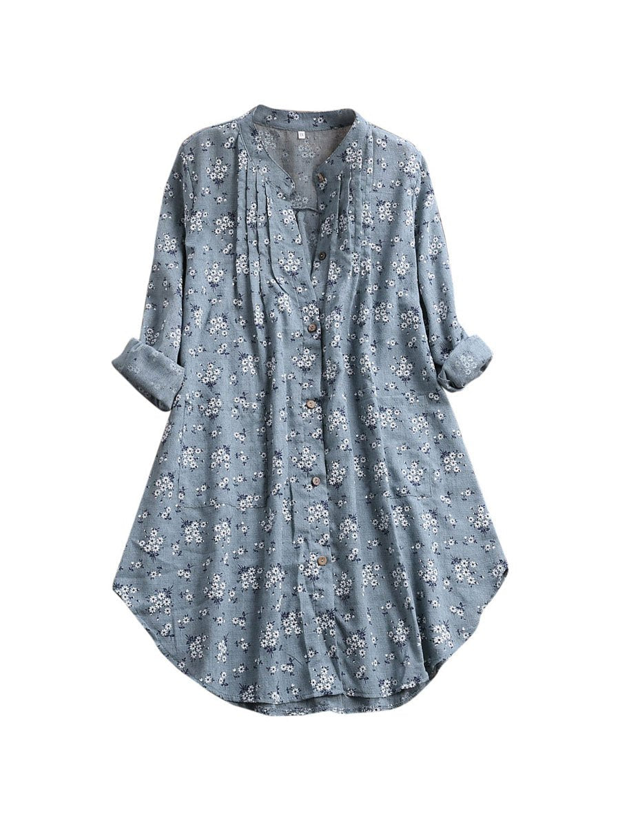 Womens Blouses V-Neck Pleated Floral Print Long Sleeve Top