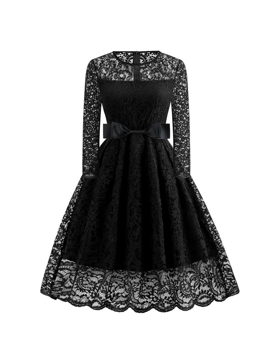 Womens Lace Dress Long Sleeve Belt Evening Dress