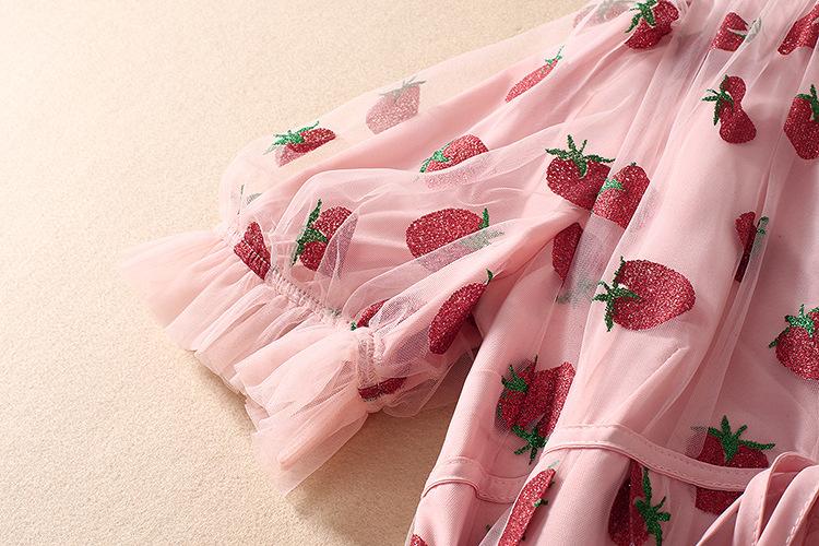 Women's Strawberry Dress Sweet Mesh Sexy V Neck Puff Sleeve Maxi Dress