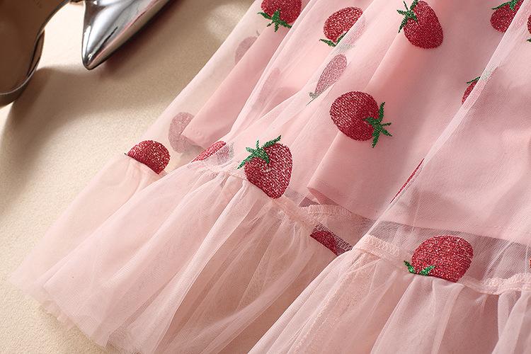 Women's Strawberry Dress Sweet Mesh Sexy V Neck Puff Sleeve Maxi Dress