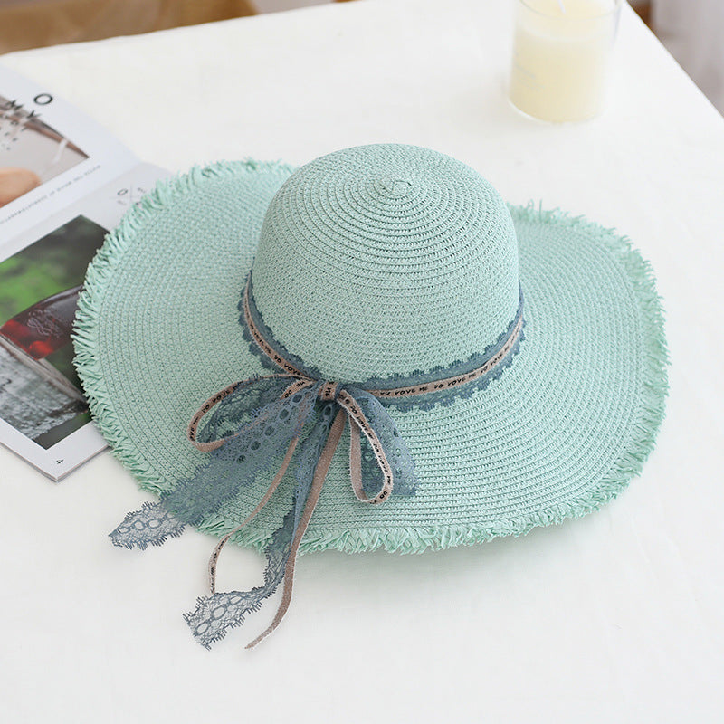 Women's Straw Hats Lace Decoration Wide Brim Dome Beach Hats