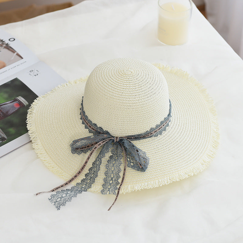 Women's Straw Hats Lace Decoration Wide Brim Dome Beach Hats