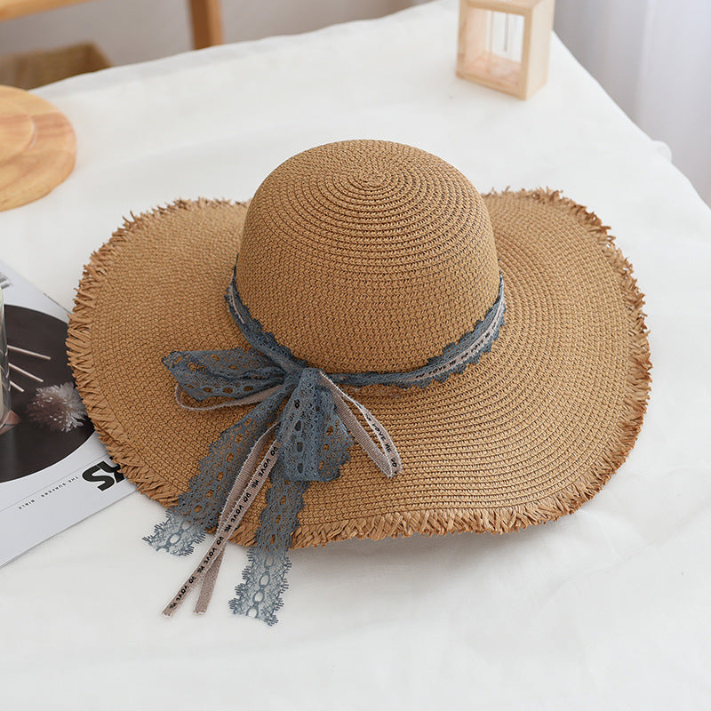 Women's Straw Hats Lace Decoration Wide Brim Dome Beach Hats