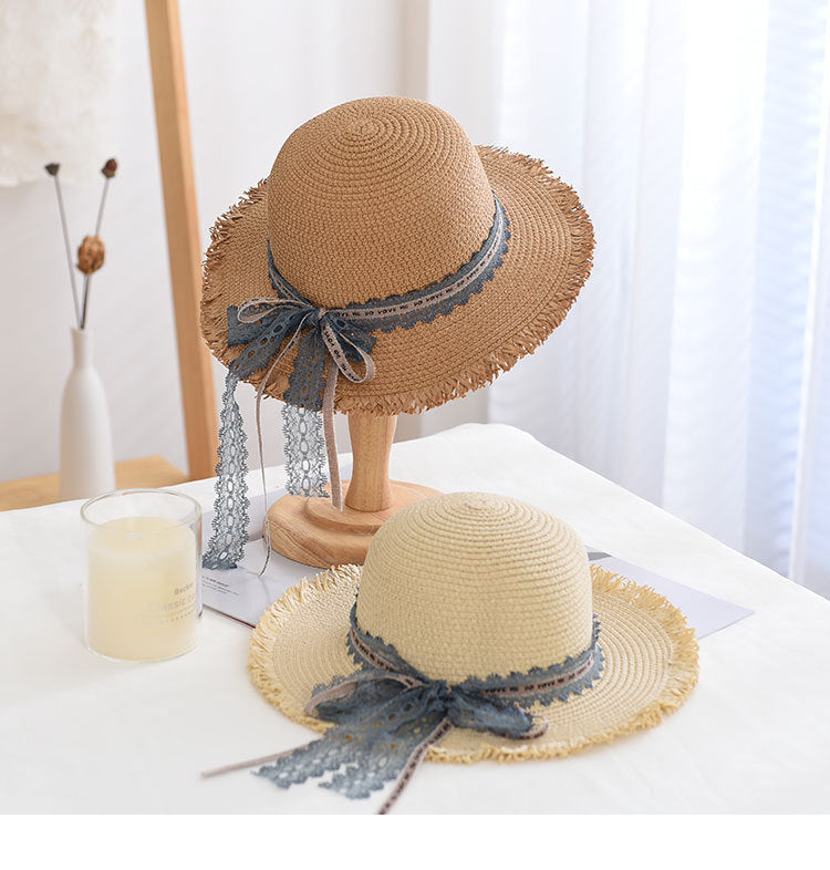 Women's Straw Hats Lace Decoration Wide Brim Dome Beach Hats