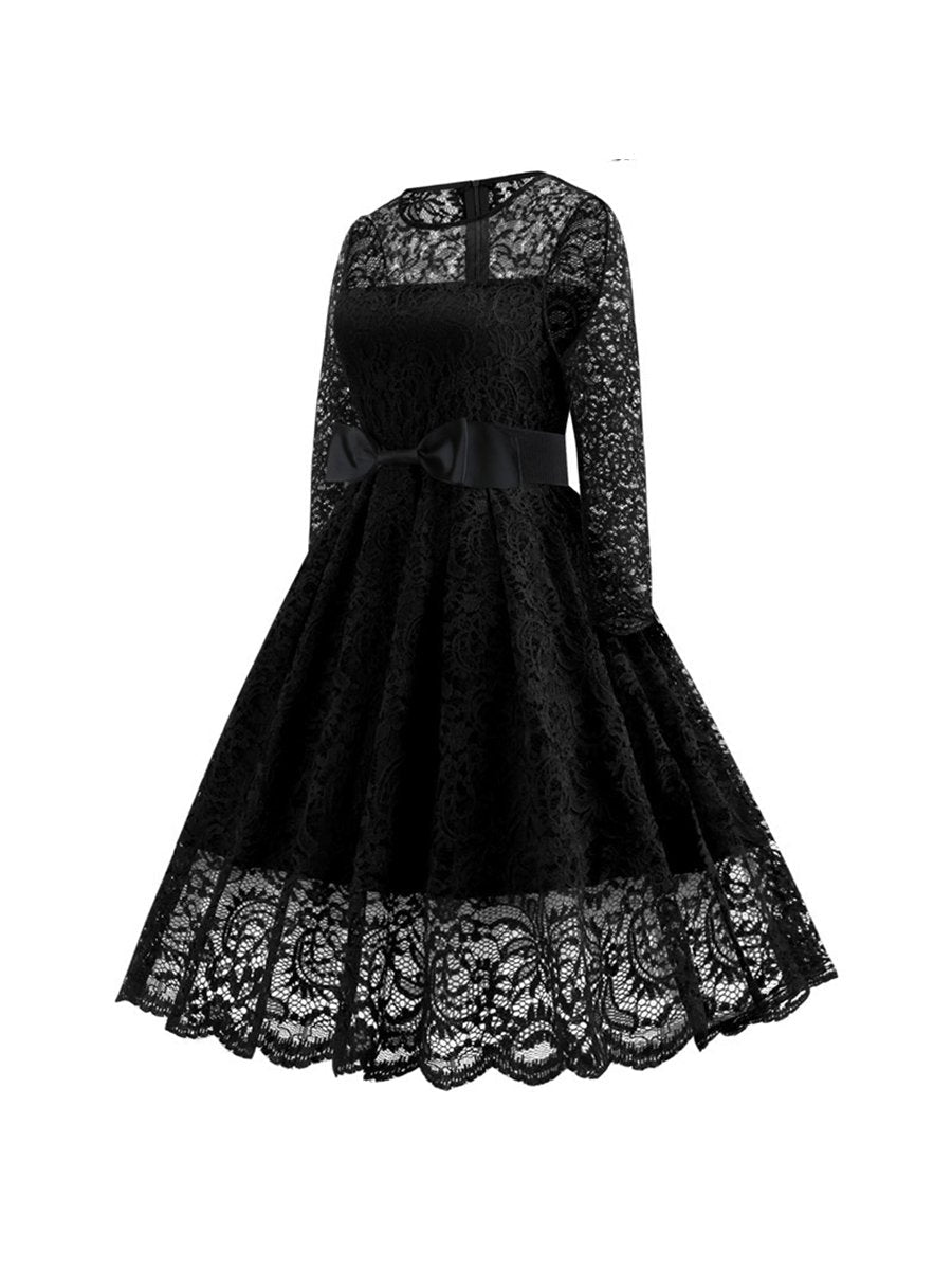 Womens Lace Dress Long Sleeve Belt Evening Dress