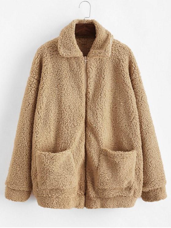 Yasmine Bateman Pocket Zipper Drop Shoulder Fluffy Teddy Coat