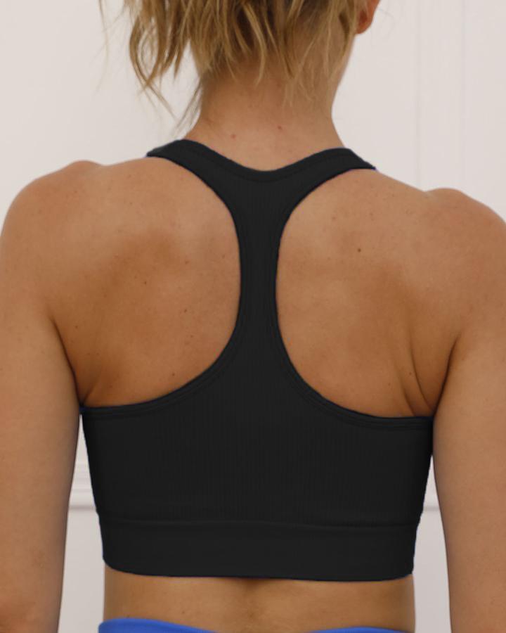 Zip Up Front Ribbed Racer Back Sports Bra