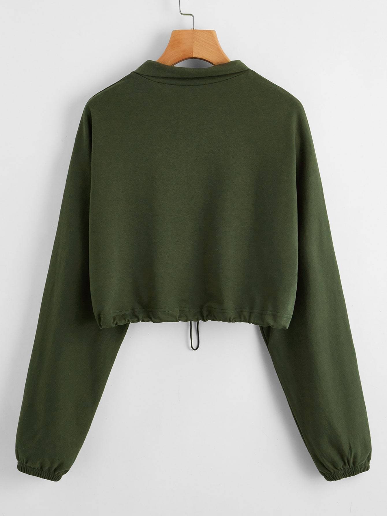 Zip Half Placket Drawstring Hem Crop Pullover