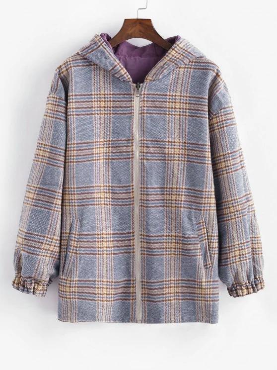 Zip Up Hooded Plaid Reversible Coat