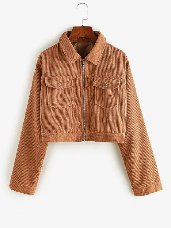 Zip Up Pockets Corduroy Cargo Jacket