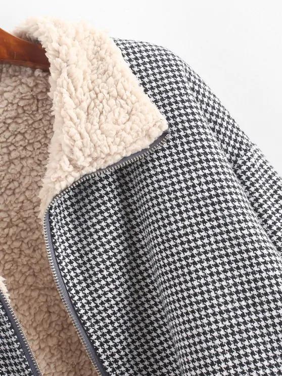 Zip Up Fleece Lined Plaid Houndstooth Jacket