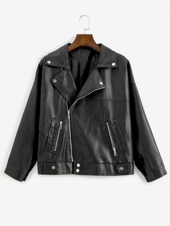 Zip Up Pockets Faux Leather Biker Jacket