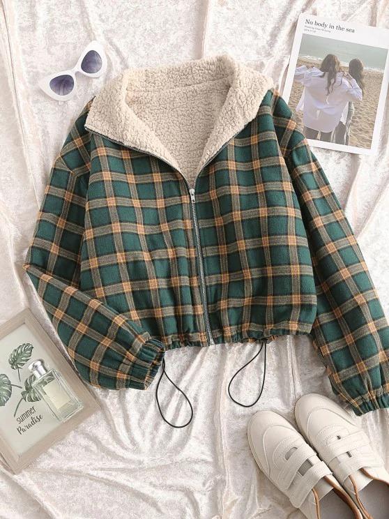 Zip Up Fleece Lined Plaid Houndstooth Jacket