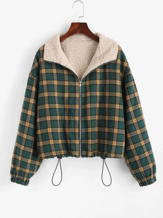 Zip Up Fleece Lined Plaid Houndstooth Jacket