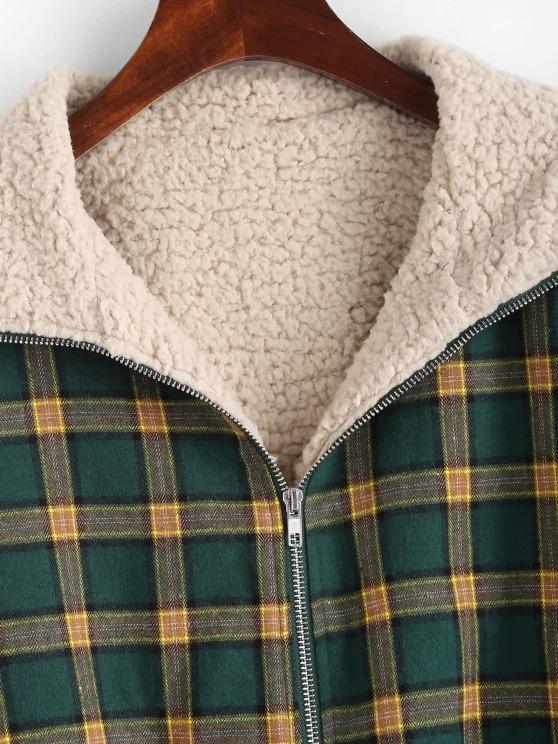 Zip Up Fleece Lined Plaid Houndstooth Jacket