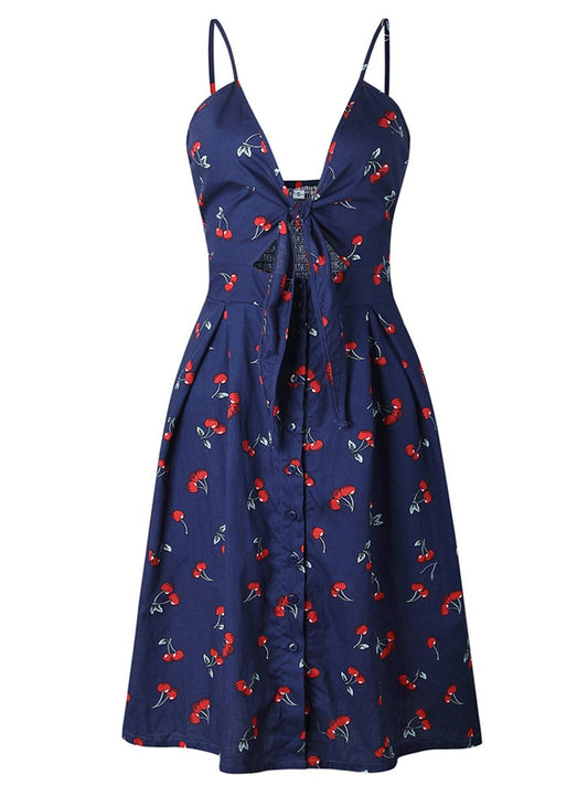 Womens V-Neck Dress Button Bow Decor Casual Dress