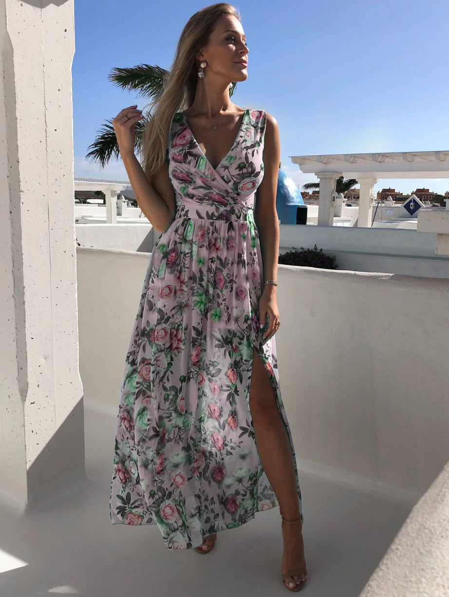 Women's Split Maxi Dress Floral Print Sleeveless Beach Dress