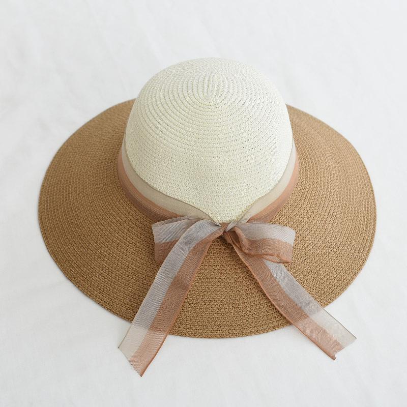 Women's Sun Straw Hats UV Protection Color Matching Ribbon Beach Travel Hats