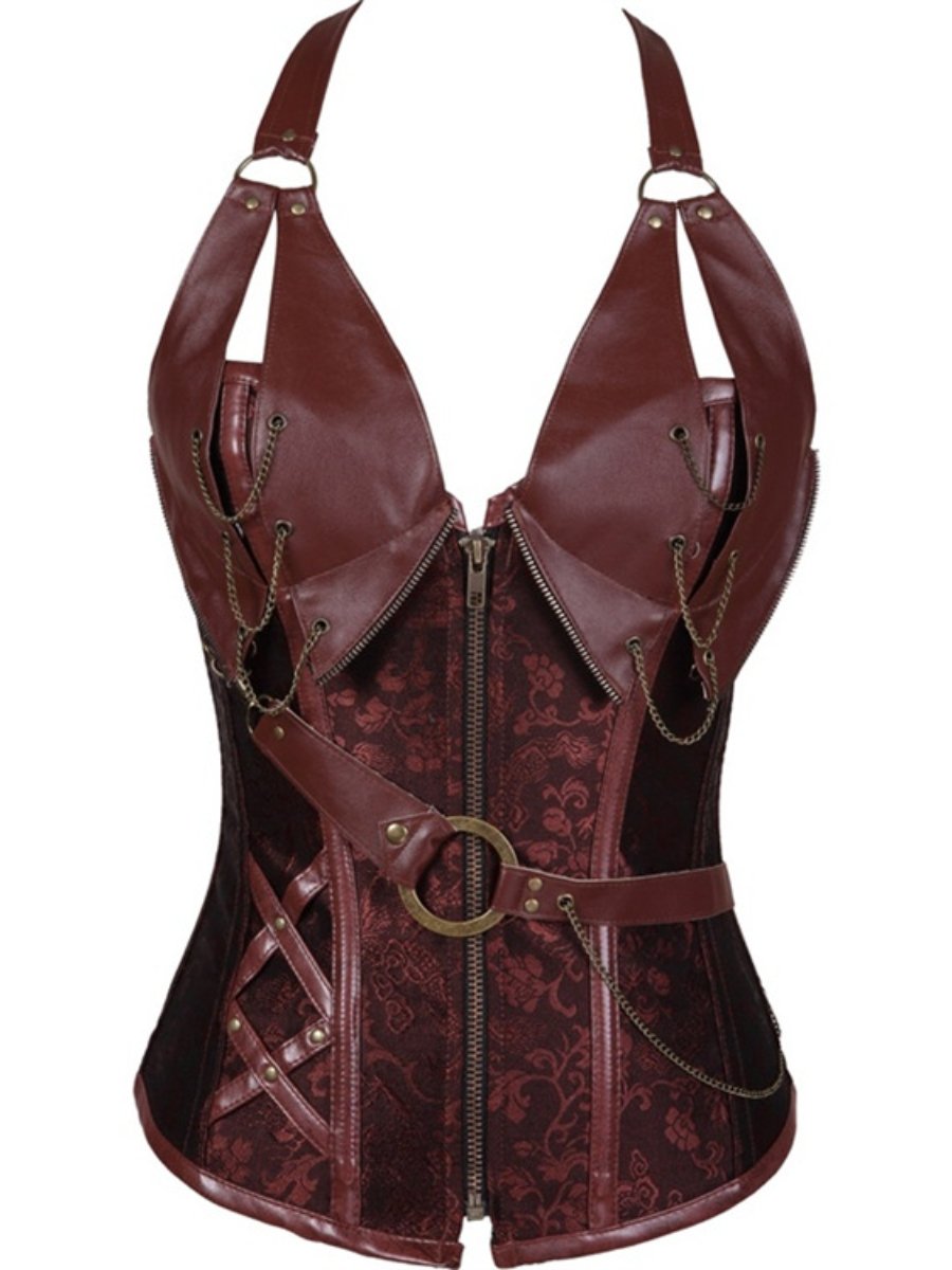 Women's Steampunk Corset Vest Halter Steel Boned Leather Corset Tops