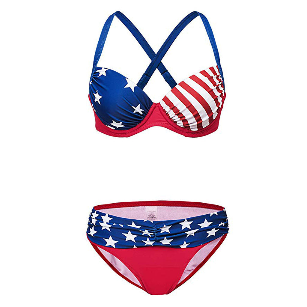 Women's Swimsuit American Flag Print Two Piece Beach Bikini Set