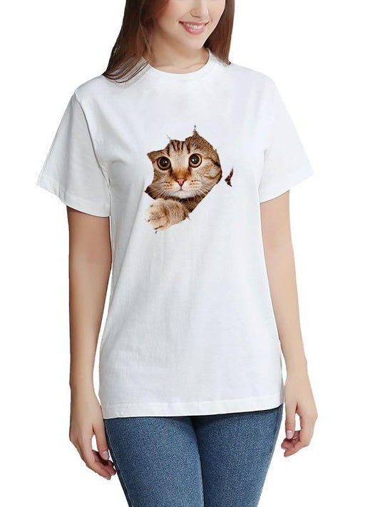 Women's Stylish 3D Cat Print Crewneck T-Shirt