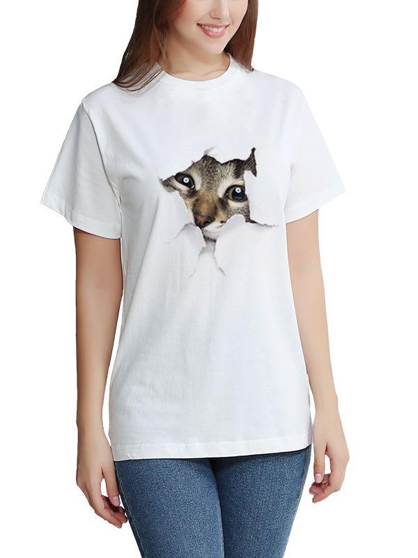 Women's Stylish 3D Cat Print Crewneck T-Shirt