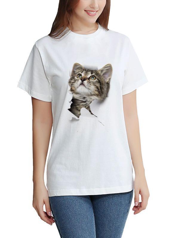 Women's Stylish 3D Cat Print Crewneck T-Shirt