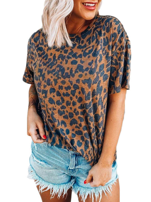 Women's Top Leopard Print Short Sleeve O-Neck Loose Tshirts