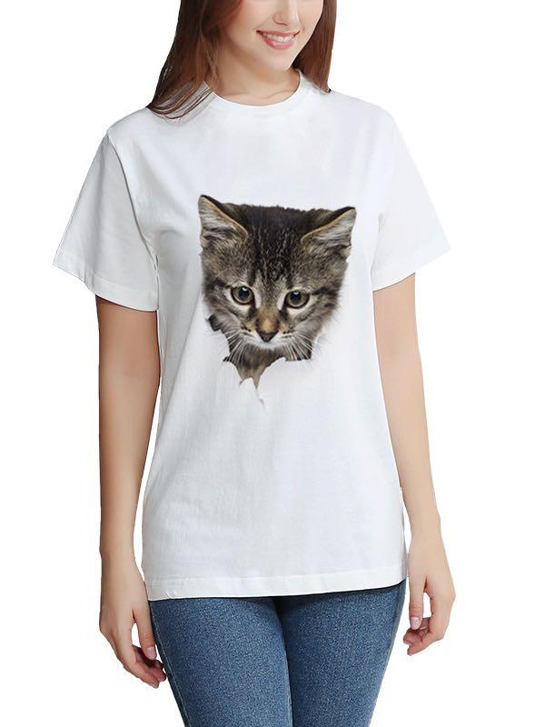 Women's Stylish 3D Cat Print Crewneck T-Shirt